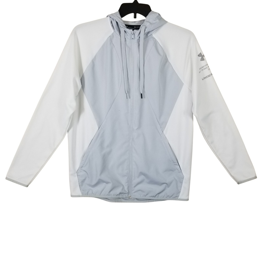 Under Armour ColdGear Mens Medium Full Zip Hoodie Grey White Colorblock Jacket